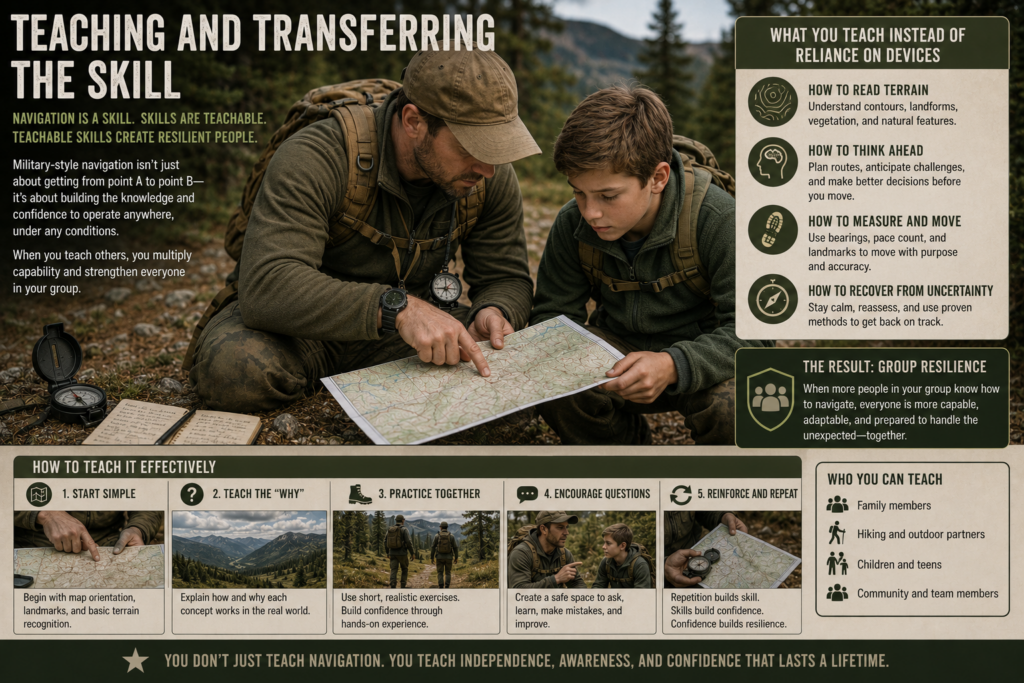 Adult teaching a child or partner how to orient a map in the field.