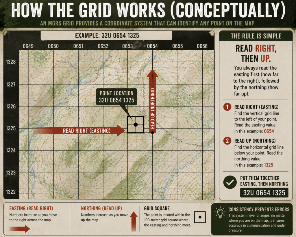 Close-up of a map grid with arrows labeled “Read Right” and “Read Up.”