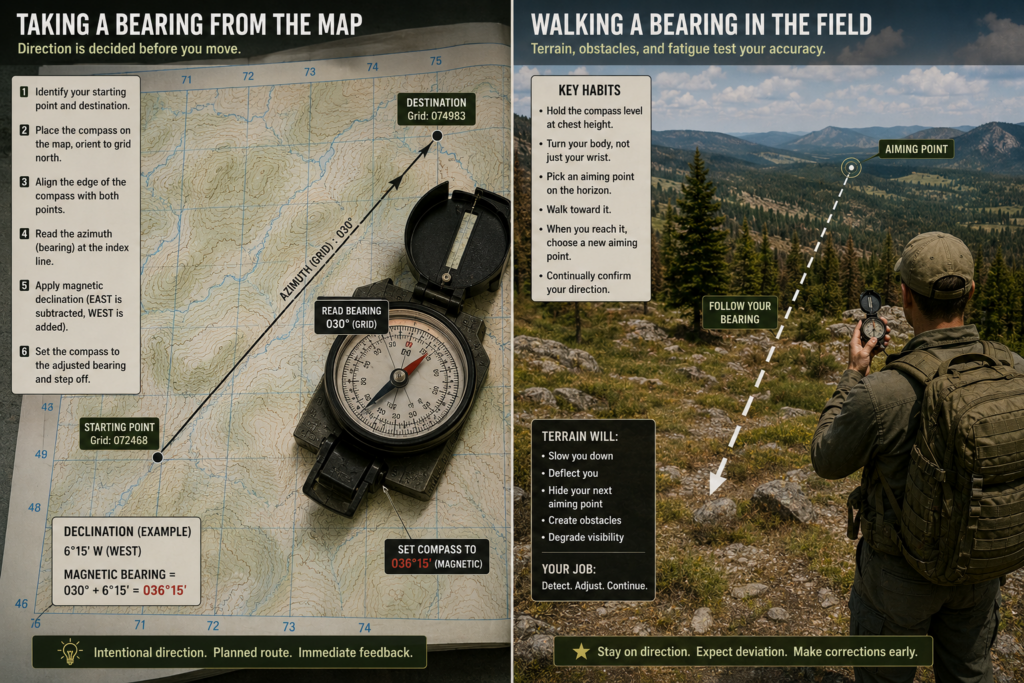 Compass aligned on a map between two grid points, clearly showing the bearing line.