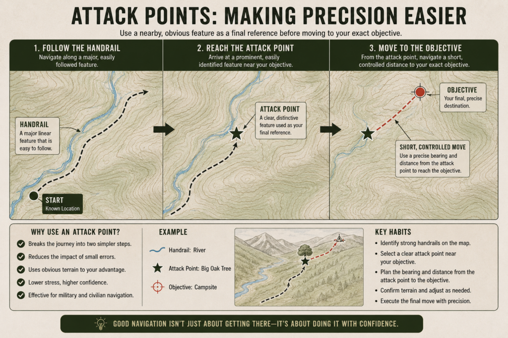 Image idea:
Diagram showing movement from a handrail to an attack point, then to the final objective.