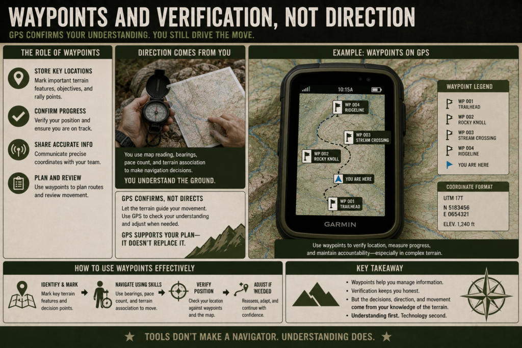 GPS screen showing waypoints overlaid on a map.