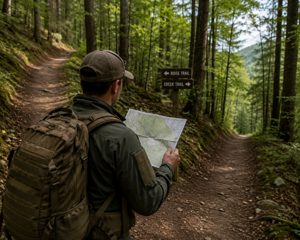 Person standing at a fork in a forest trail, map in hand, comparing terrain to the map.