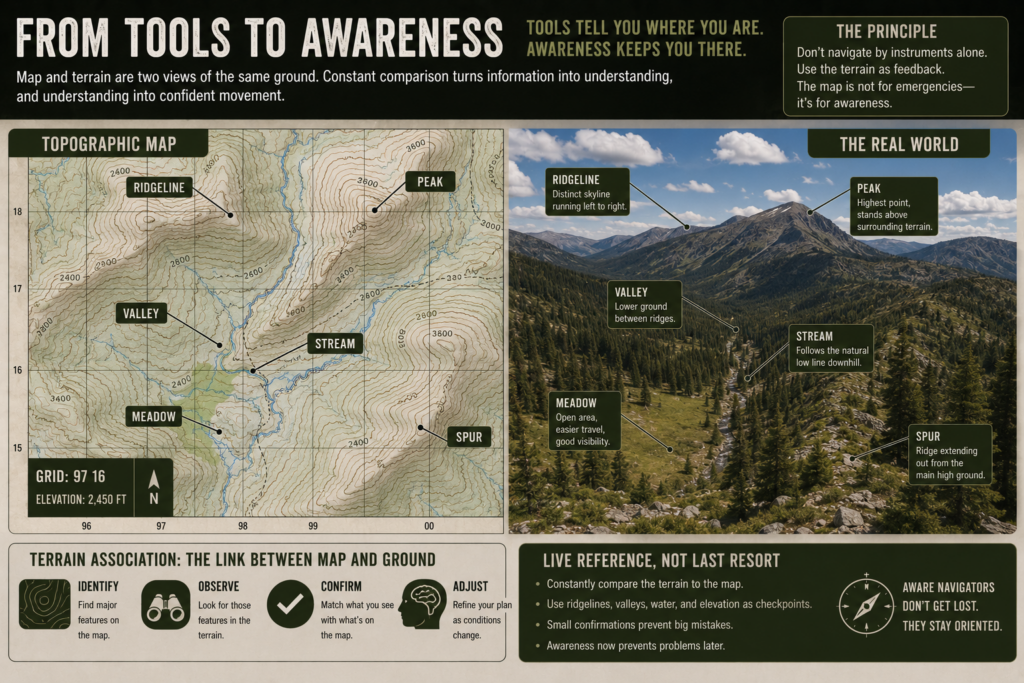 Side-by-side view of a topo map and the matching landscape.