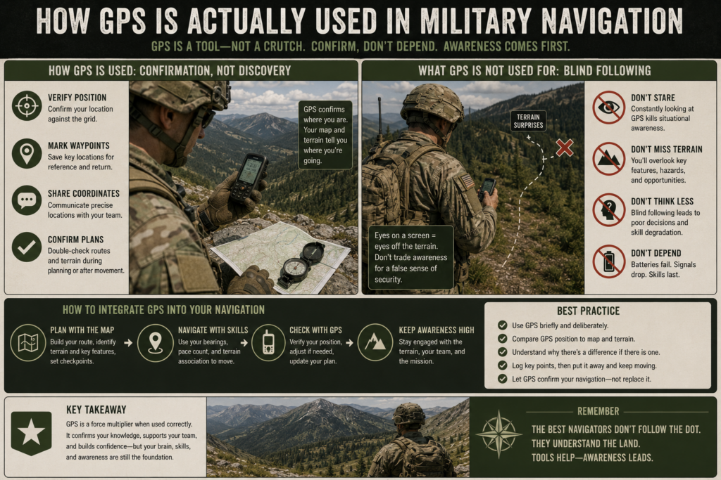 Soldier checking a GPS briefly, then returning focus to the map and terrain.
