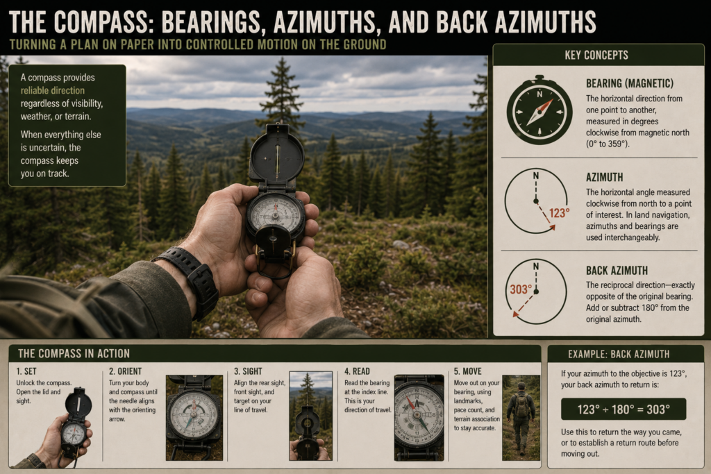 Lensatic compass held at chest height, sighting toward a distant tree line.