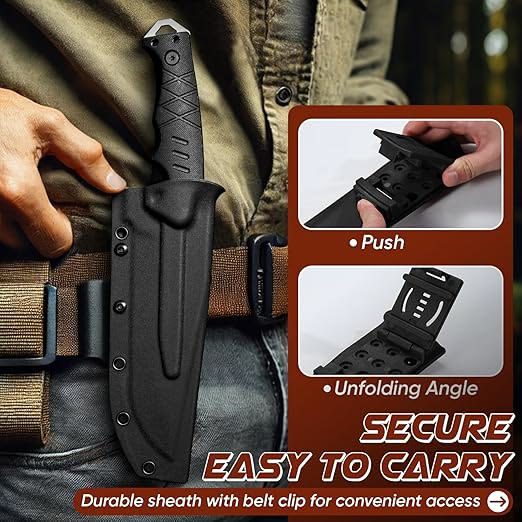 Fixed blade bushcraft knife for carving, camp chores, fire prep, and outdoor self-reliance tasks.