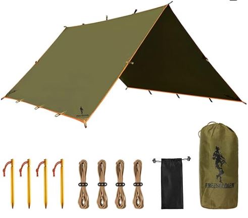 Heavy duty bushcraft tarp for rain protection, emergency shelter, shade, and outdoor camping setups.
