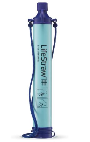Compact outdoor water filtration system for treating stream, lake, or backcountry water while camping or hiking.