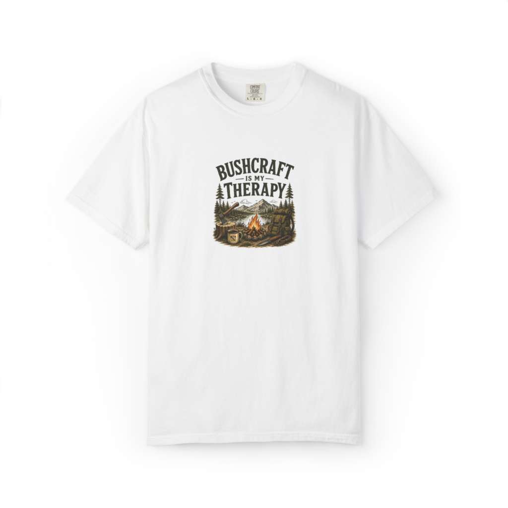 White Bushcraft Is My Therapy t-shirt with campfire, axe, backpack, knife, coffee mug, forest, and mountain design.