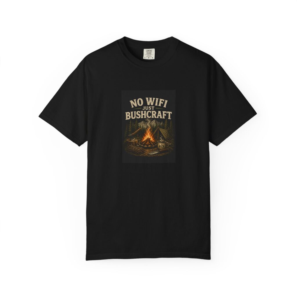 Black FinkleCraft No WiFi Just Bushcraft t-shirt with campfire, axe, tarp shelter, forest, and outdoor survival gear design.