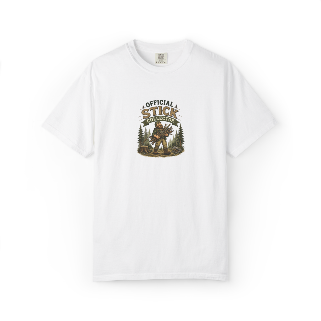 White Official Stick Collector t-shirt with smiling bushcrafter carrying sticks in a pine forest camping scene.