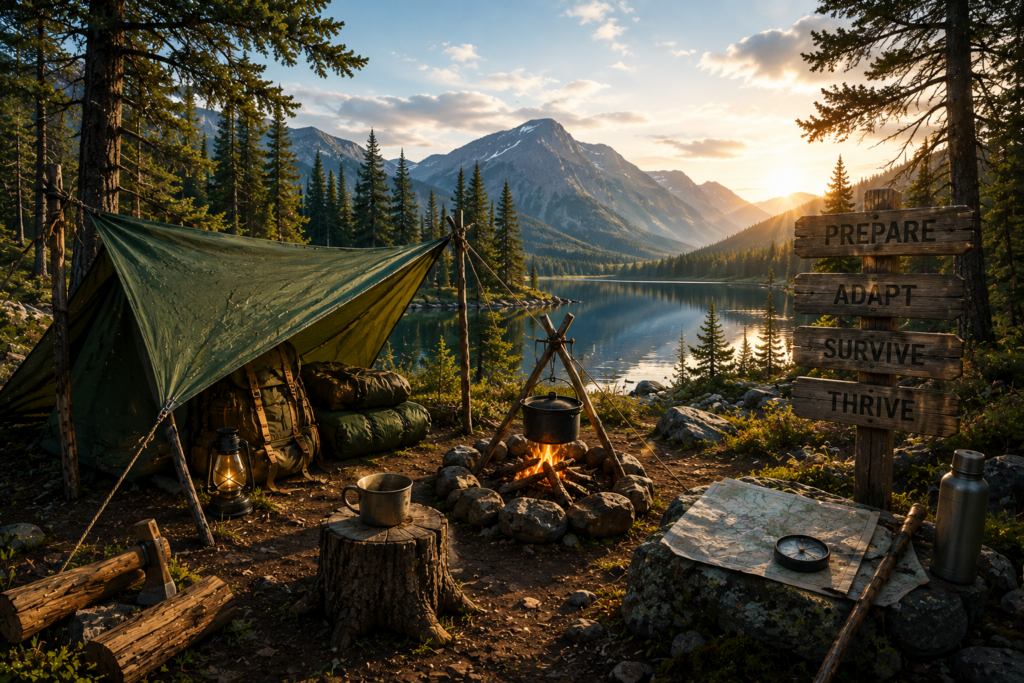 Realistic wilderness campsite with a tarp shelter, campfire, backpack, map, compass, forest, lake, and mountains at sunrise.