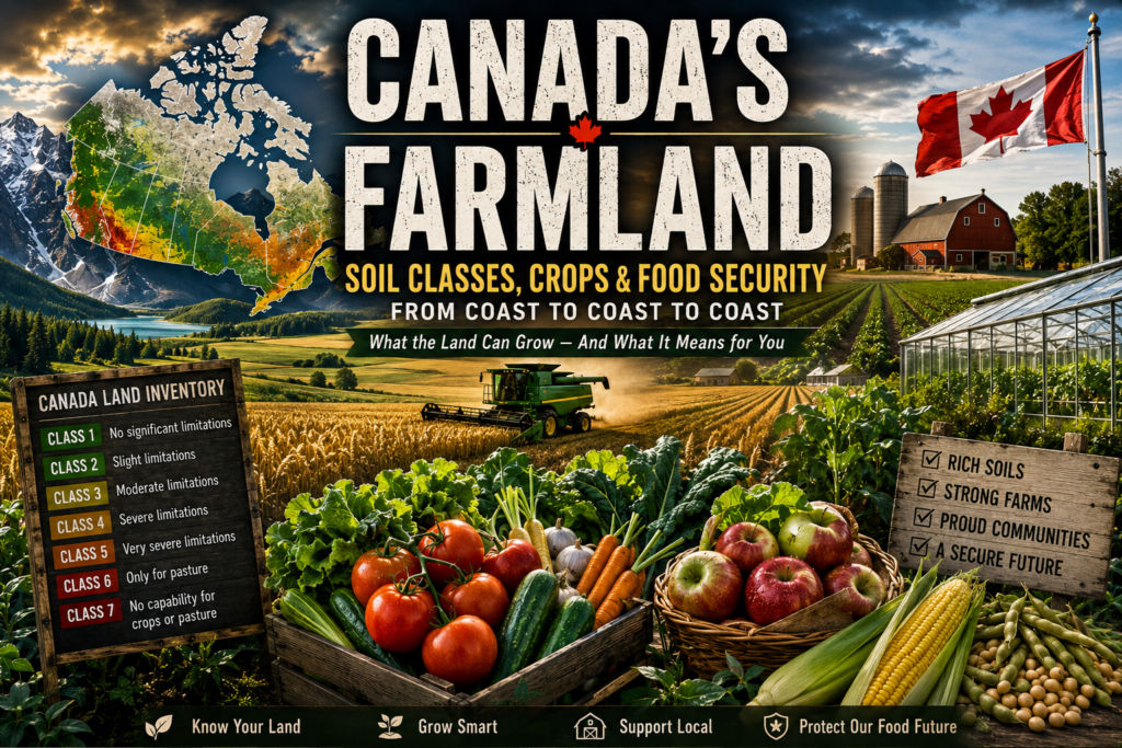Canadian farmland soil classes with crops, greenhouse vegetables, prairie fields, and food security theme