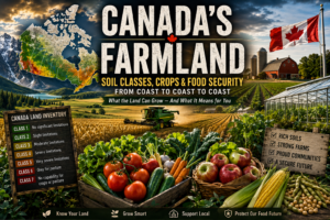 Canadian farmland soil classes with crops, greenhouse vegetables, prairie fields, and food security theme