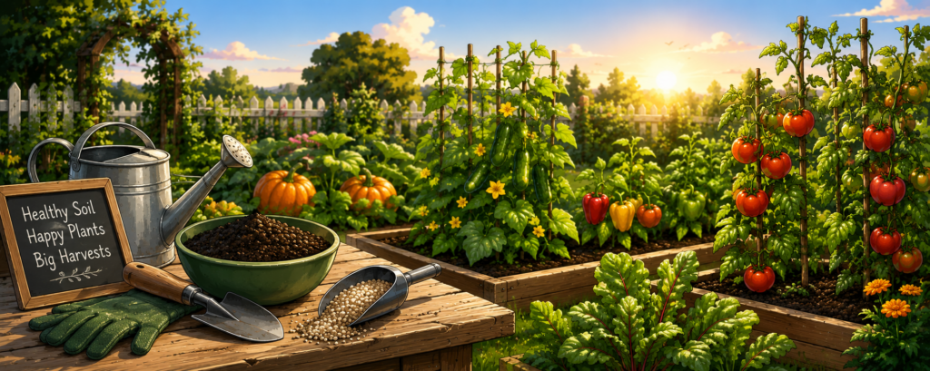 Sunlit raised-bed vegetable garden at golden hour with compost, fertilizer pellets, hand tools, watering can, tomatoes, cucumbers, and peppers.