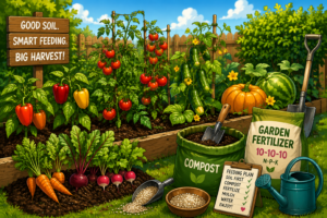 Cartoon-style backyard vegetable garden with tomatoes, peppers, cucumbers, pumpkins, root vegetables, compost, and granular fertilizer ready for feeding.