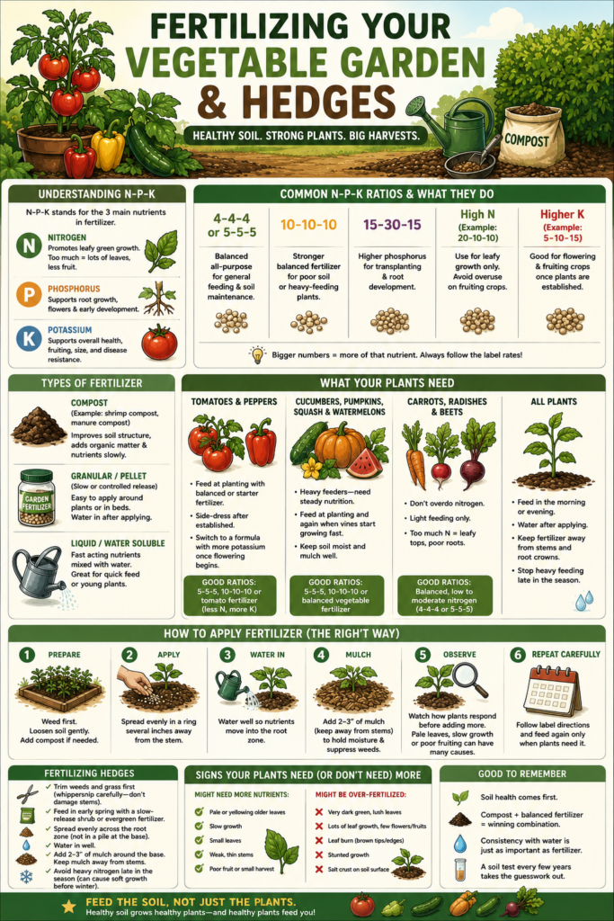 Vegetable garden and hedge fertilizer cheat sheet explaining N-P-K ratios, fertilizer types, feeding needs for common crops, application steps, hedge care, and over-fertilizing warning signs.