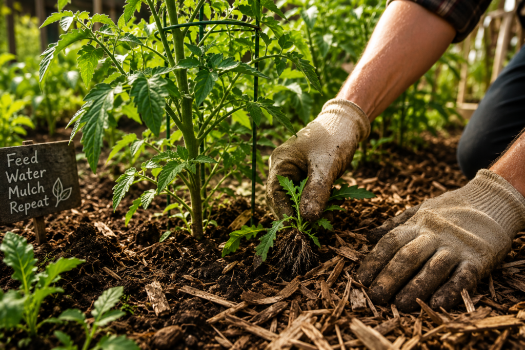 weed control around vegetable plants with mulch