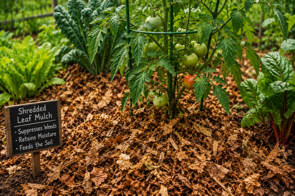 shredded leaf mulch for vegetable garden weed control