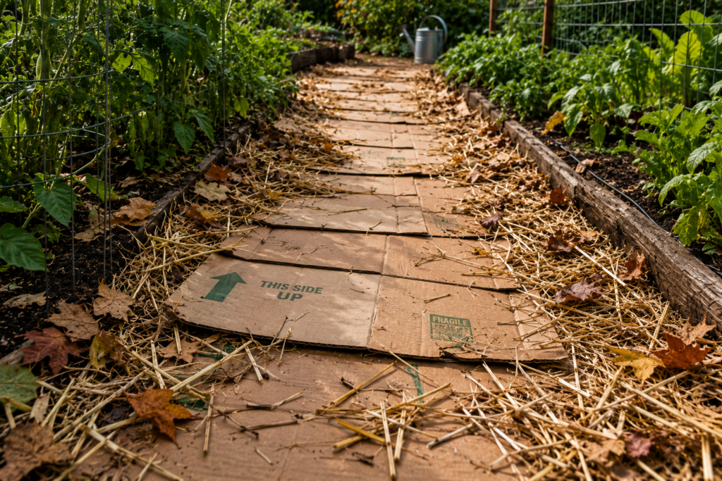 cardboard sheet mulch garden path weed barrier