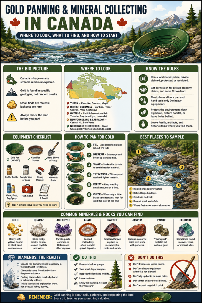 Gold panning and mineral collecting in Canada cheat sheet covering legal access, basic equipment, panning steps, good creek sampling spots, and common rocks and minerals.