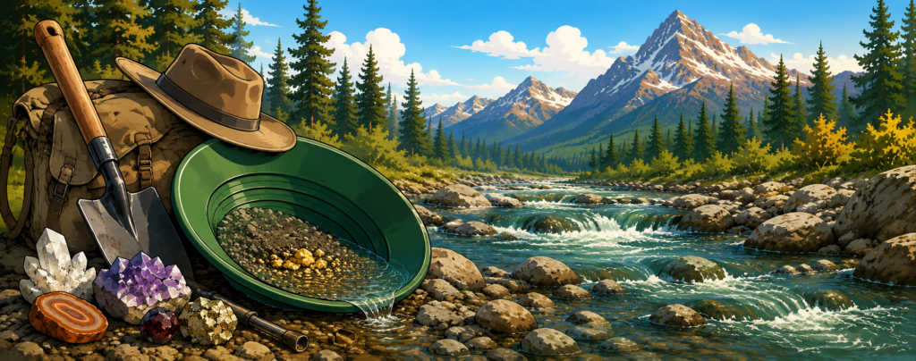Gold panning gear beside a rocky mountain river, including a green gold pan, hand shovel, backpack, and colourful mineral specimens.