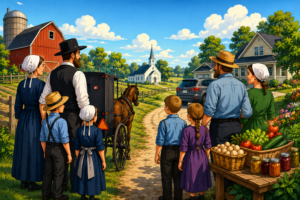 Cartoon-style comparison of Amish and Mennonite family life, showing a horse-and-buggy scene on one side and a modern rural family, car, garden produce, and farmhouse on the other.