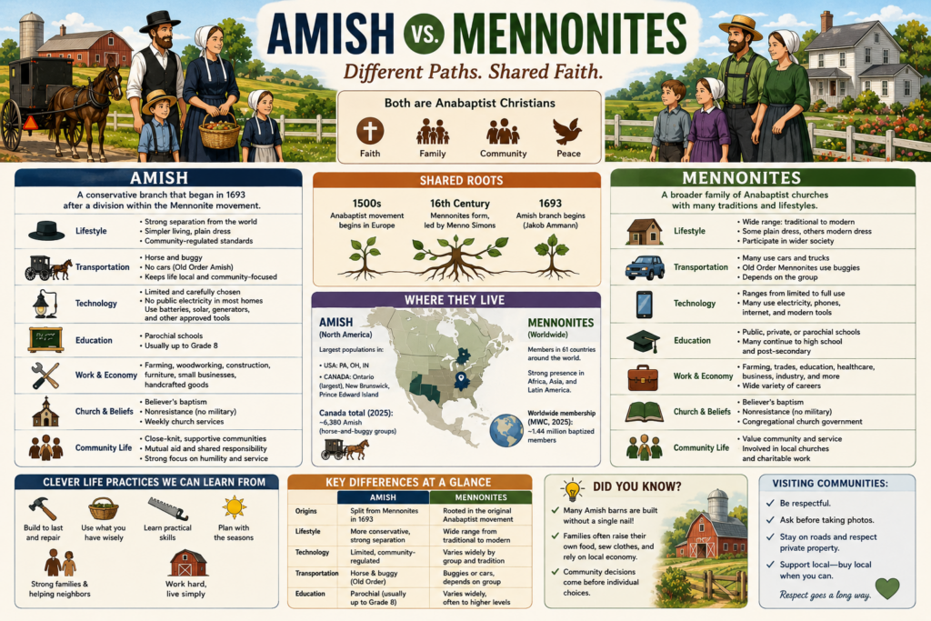 Amish and Mennonite comparison cheat sheet explaining shared Anabaptist roots, differences in daily life and technology, Canadian communities, and shared values of faith, family, community, and practical skills.