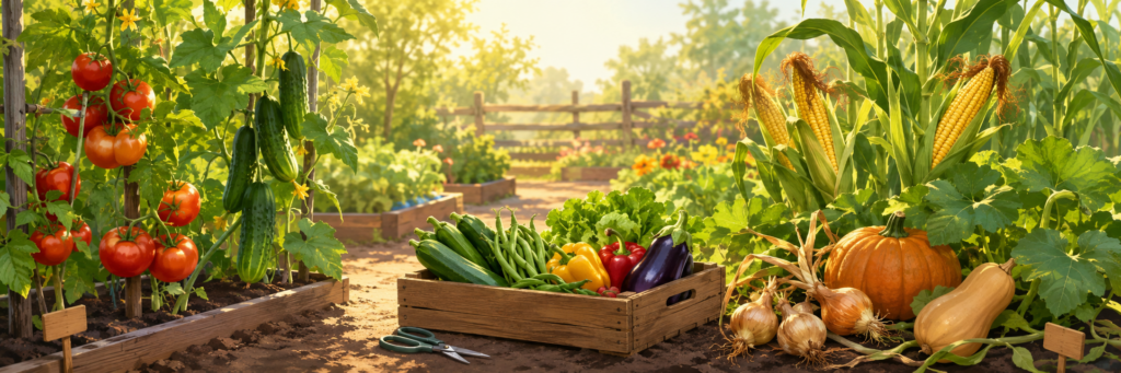 Panoramic illustrated garden with ripe tomatoes, cucumbers, corn, onions, squash, and a crate of freshly harvested vegetables.