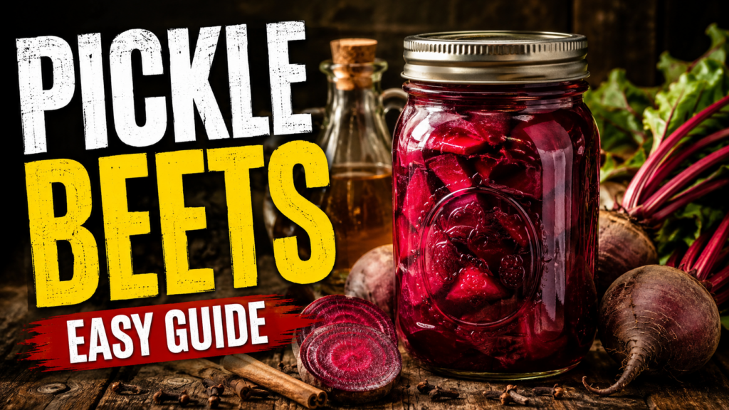 Jar of homemade pickled beets beside fresh garden beets with bold “Pickle Beets Easy Guide” text.