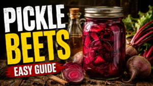 Jar of homemade pickled beets beside fresh garden beets with bold “Pickle Beets Easy Guide” text.