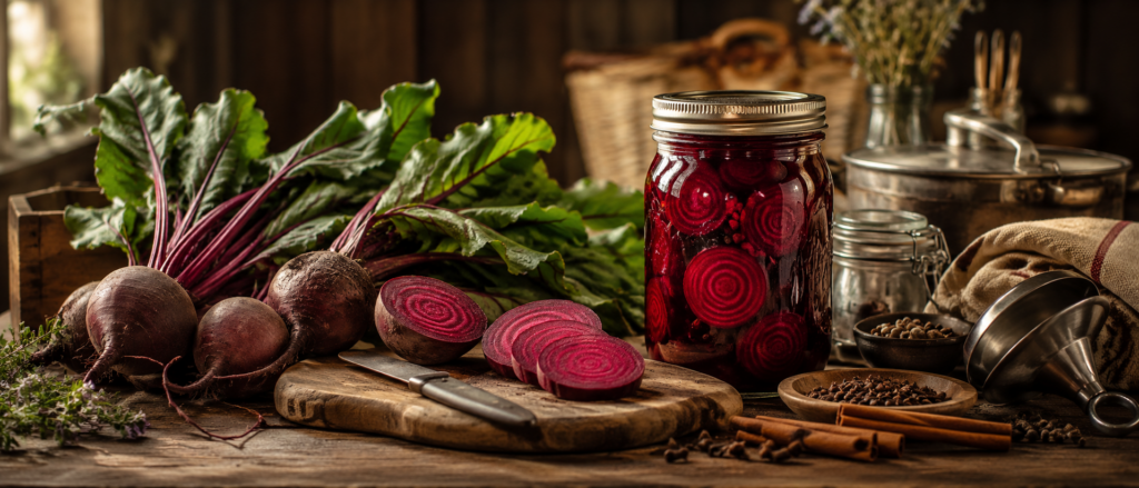 Fresh beets, sliced beet rounds, a jar of pickled beets, spices, and canning tools arranged on a rustic kitchen table.