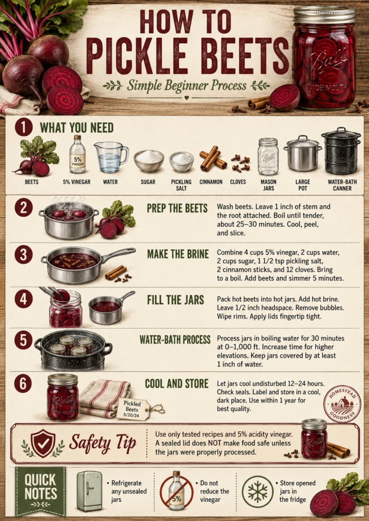 Step-by-step infographic showing how to prepare, pickle, water-bath can, cool, and safely store homemade pickled beets.
