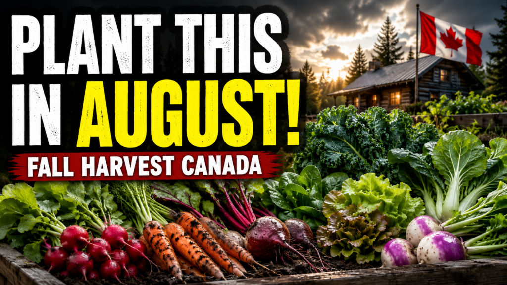 Fresh radishes, carrots, beets, lettuce, kale, bok choy, and turnips in a Canadian garden with bold “Plant This in August” text.
