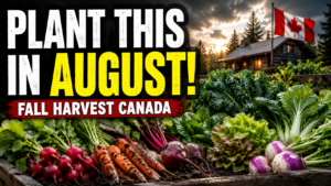 Fresh radishes, carrots, beets, lettuce, kale, bok choy, and turnips in a Canadian garden with bold “Plant This in August” text.