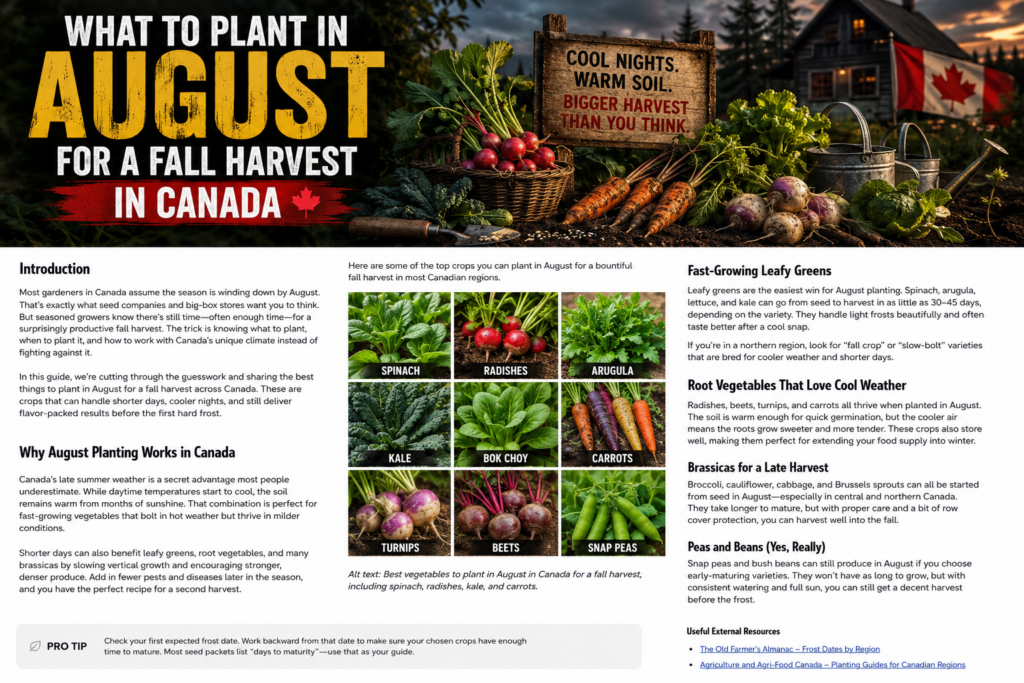 Canadian fall garden harvest featuring radishes, carrots, beets, turnips, leafy greens, and a guide to what to plant in August.