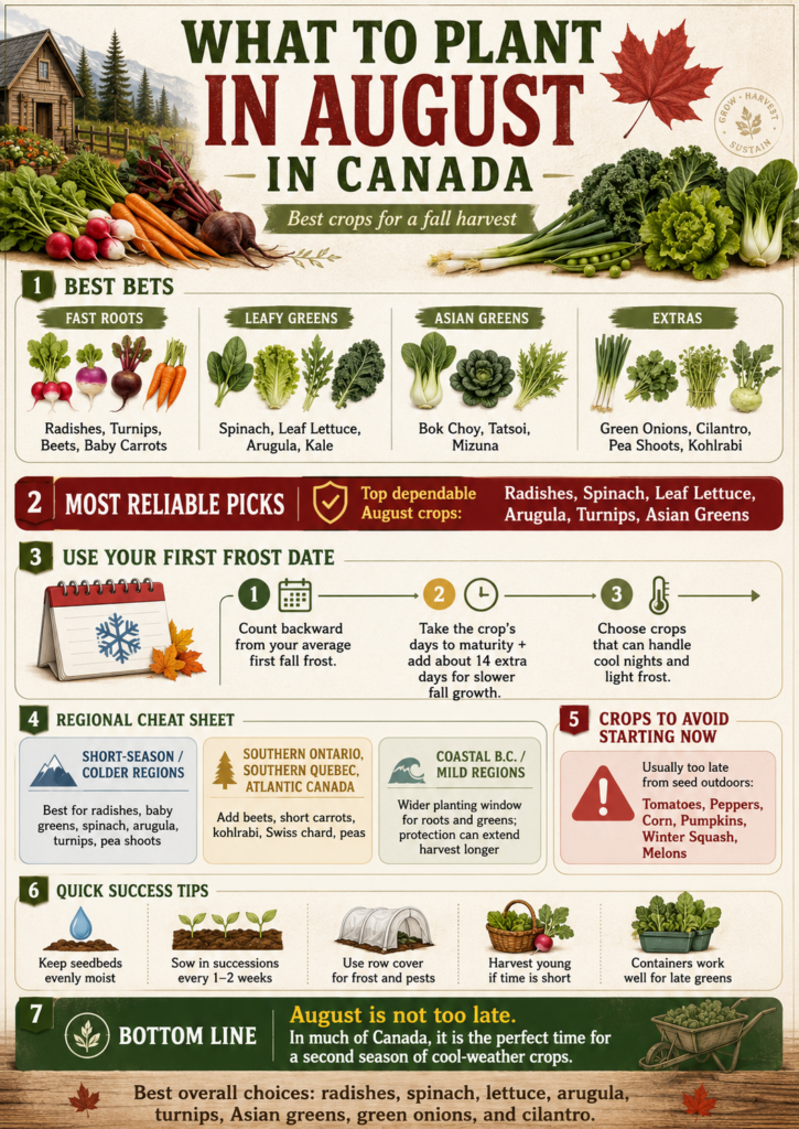 August planting infographic for Canada showing fast-growing roots, leafy greens, Asian greens, frost-date planning, regional tips, and crops to avoid.