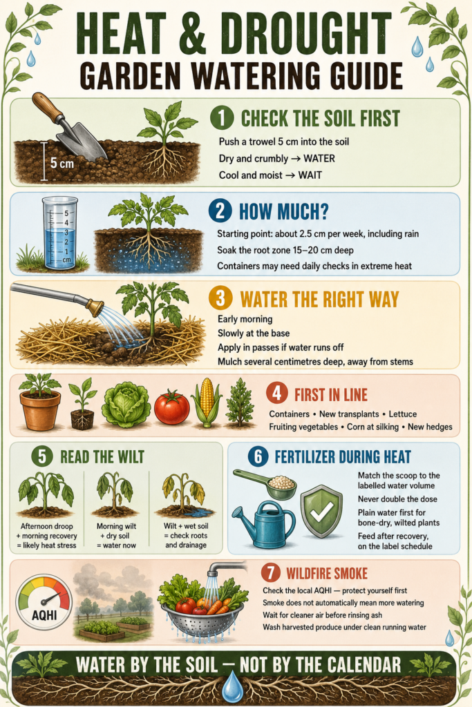 Illustrated guide explaining when and how deeply to water during heat and drought, including fertilizer and wildfire-smoke advice.