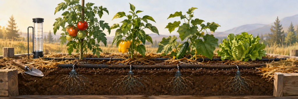 Panoramic garden bed showing drip irrigation soaking vegetable roots beneath a protective layer of straw mulch.