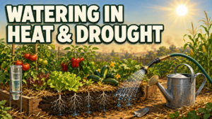 Illustrated vegetable garden being watered deeply at the roots during hot, dry, and smoky summer weather.