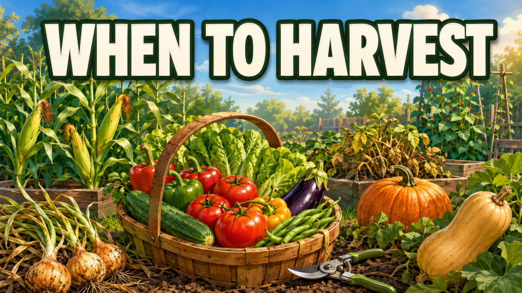 Illustrated summer garden with a basket of ripe vegetables, corn, onions, pumpkin, squash, and the words “When to Harvest.”