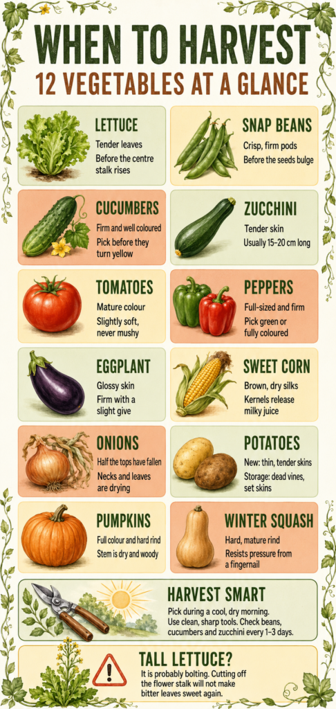 Illustrated guide showing the signs that lettuce, beans, cucumbers, zucchini, tomatoes, peppers, eggplant, corn, onions, potatoes, pumpkins, and squash are ready to harvest.