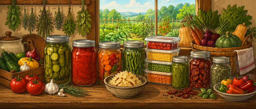 Wide illustrated kitchen pantry scene with preserved vegetables in jars, dried herbs, fresh tomatoes, squash, carrots, peppers, and a garden visible through the window.