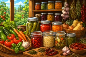 Cartoon illustration of a rustic pantry filled with jars of pickles, tomato sauce, fermented vegetables, dried herbs, and fresh garden produce.