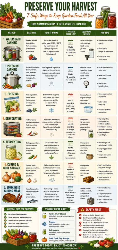 Infographic explaining seven food preservation methods for garden produce, including water-bath canning, pressure canning, freezing, dehydrating, fermenting, curing, and smoking.