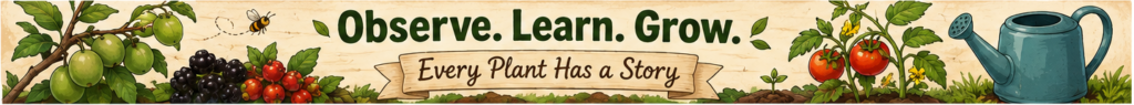 Illustrated backyard garden banner with fruit, berries, tomatoes and gardening tools encouraging readers to observe and grow.
