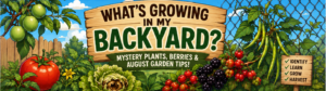 Cartoony backyard garden with plum tree, tomatoes, lettuce, wild berries and mystery plants in late summer.
