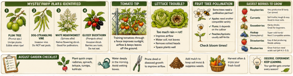 August backyard garden infographic identifying mystery plants and summarizing tomato care, lettuce problems, fruit tree pollination and easy berries to grow.