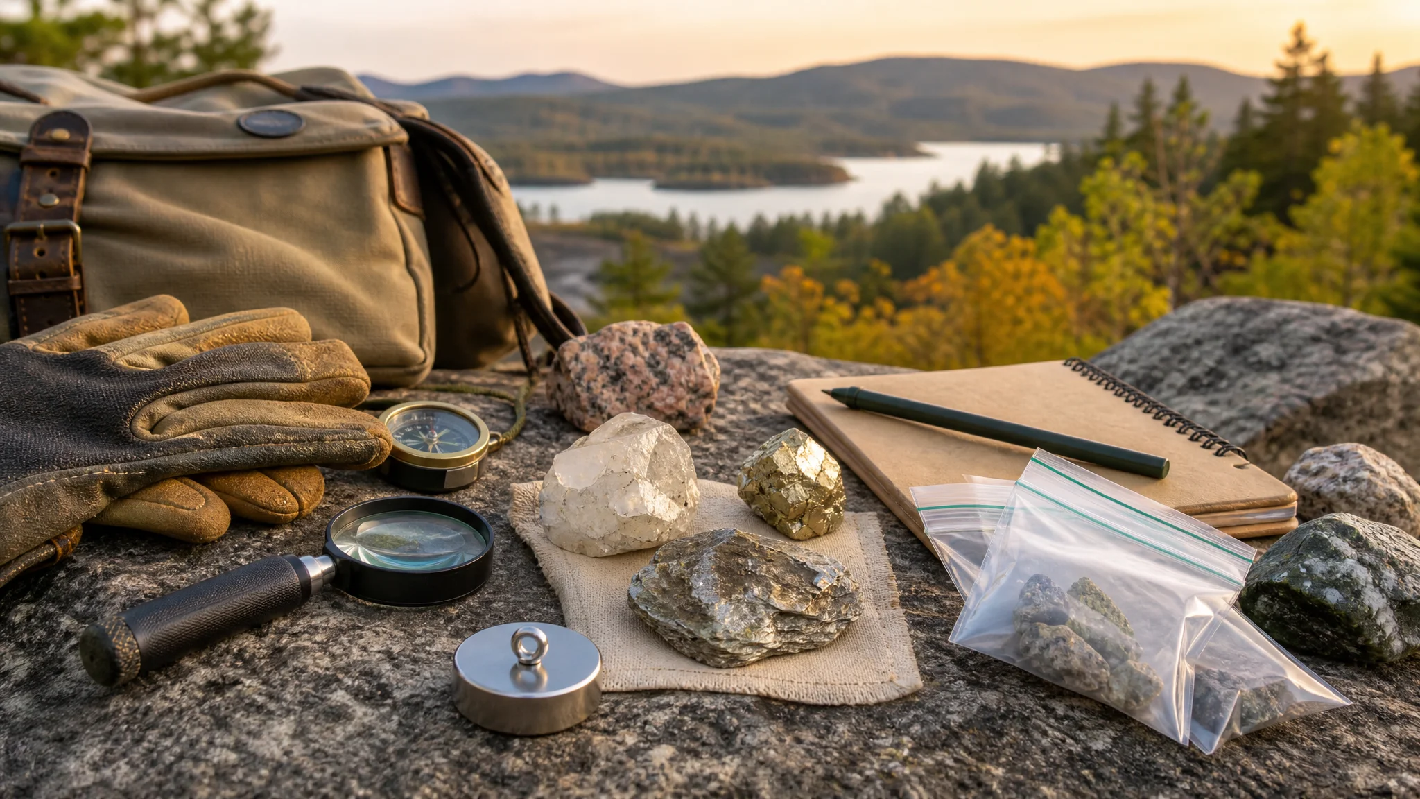 Beginner rockhounding field kit with hand lens, magnet, notebook, gloves, and mineral samples