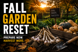 Fall garden reset with garlic, onions, potatoes, squash, garden tools, and autumn leaves in a sunset vegetable garden.